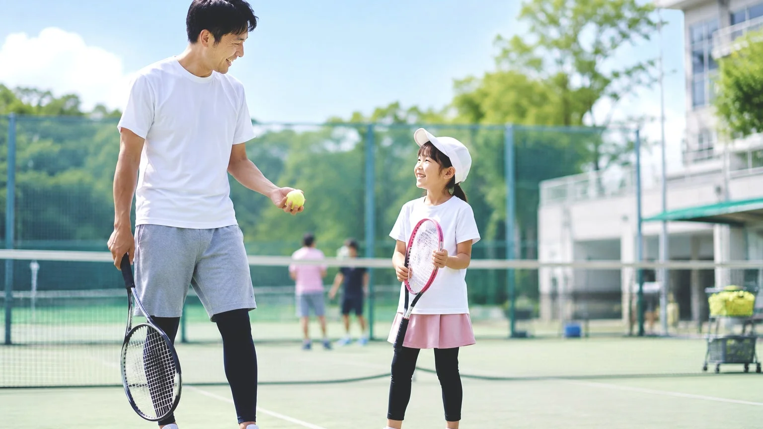 テニスコートで父親が娘にテニスを教えている様子です。二人は笑顔で向き合い、楽しい時間を過ごしているようです。