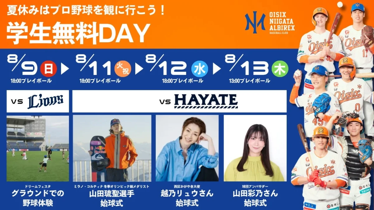 夏休みはプロ野球を無料で楽しもう！オイシックス新潟が学生無料DAYを4試合で開催