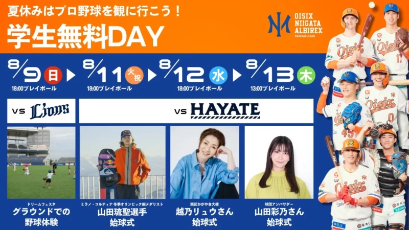夏休みはプロ野球を無料で楽しもう！オイシックス新潟が学生無料DAYを4試合で開催