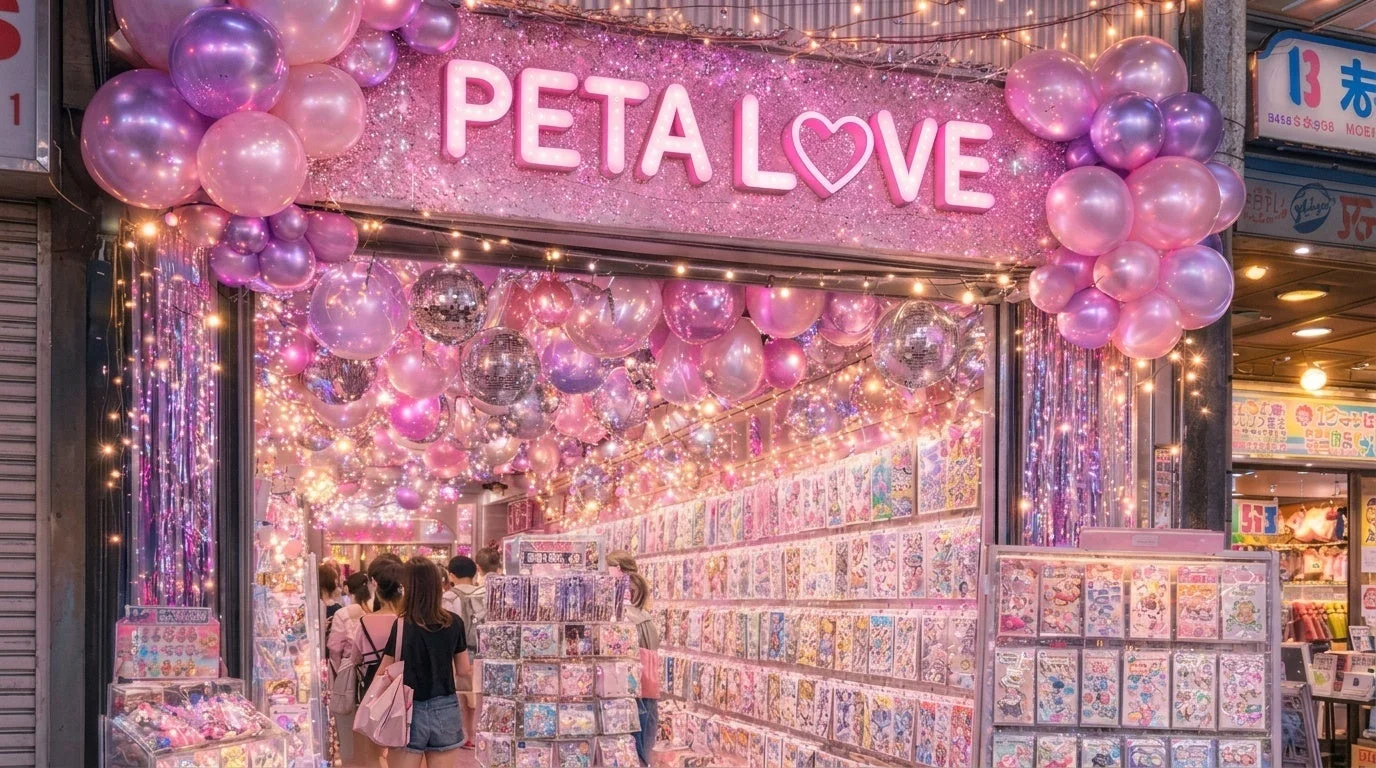 店,バルーン,ピンク,紫,キラキラ,かわいい,ショップ,ディスコボール,ライト,文具,雑貨,買い物,ポップ,ファンシー,グリッター,ハート