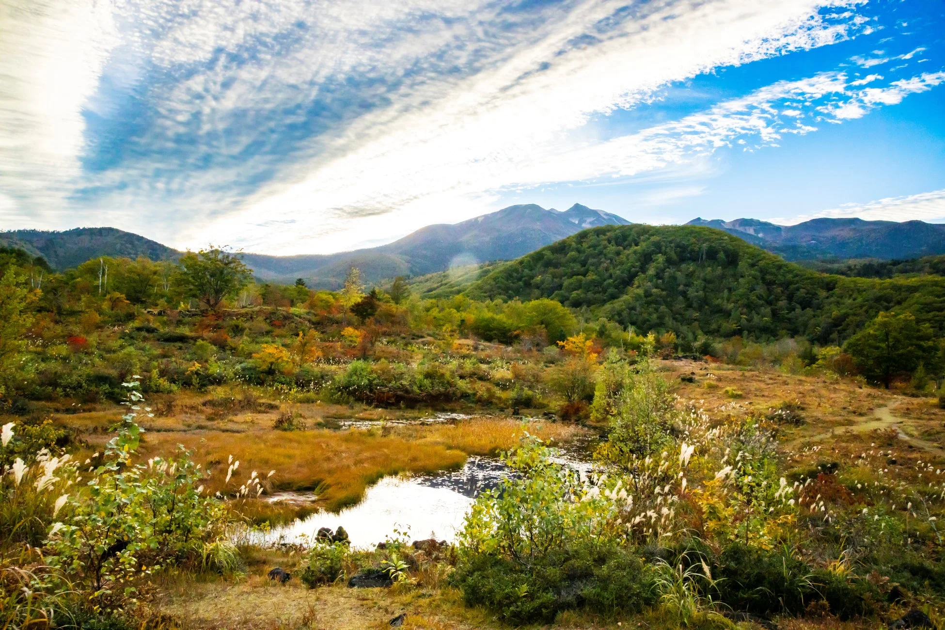 自然風景、山と沼