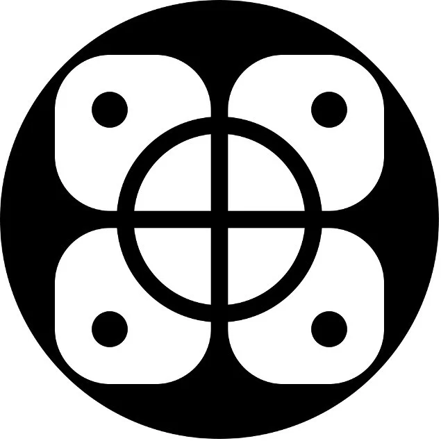 黒い円の中に白と黒で構成された抽象的な幾何学模様