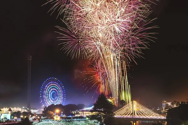 夜空に打ち上がる壮大な花火と、色とりどりの光で彩られた観覧車やイルミネーションが輝く遊園地の夜景。ライトアップされた橋も加わり、幻想的な雰囲気が広がっている。