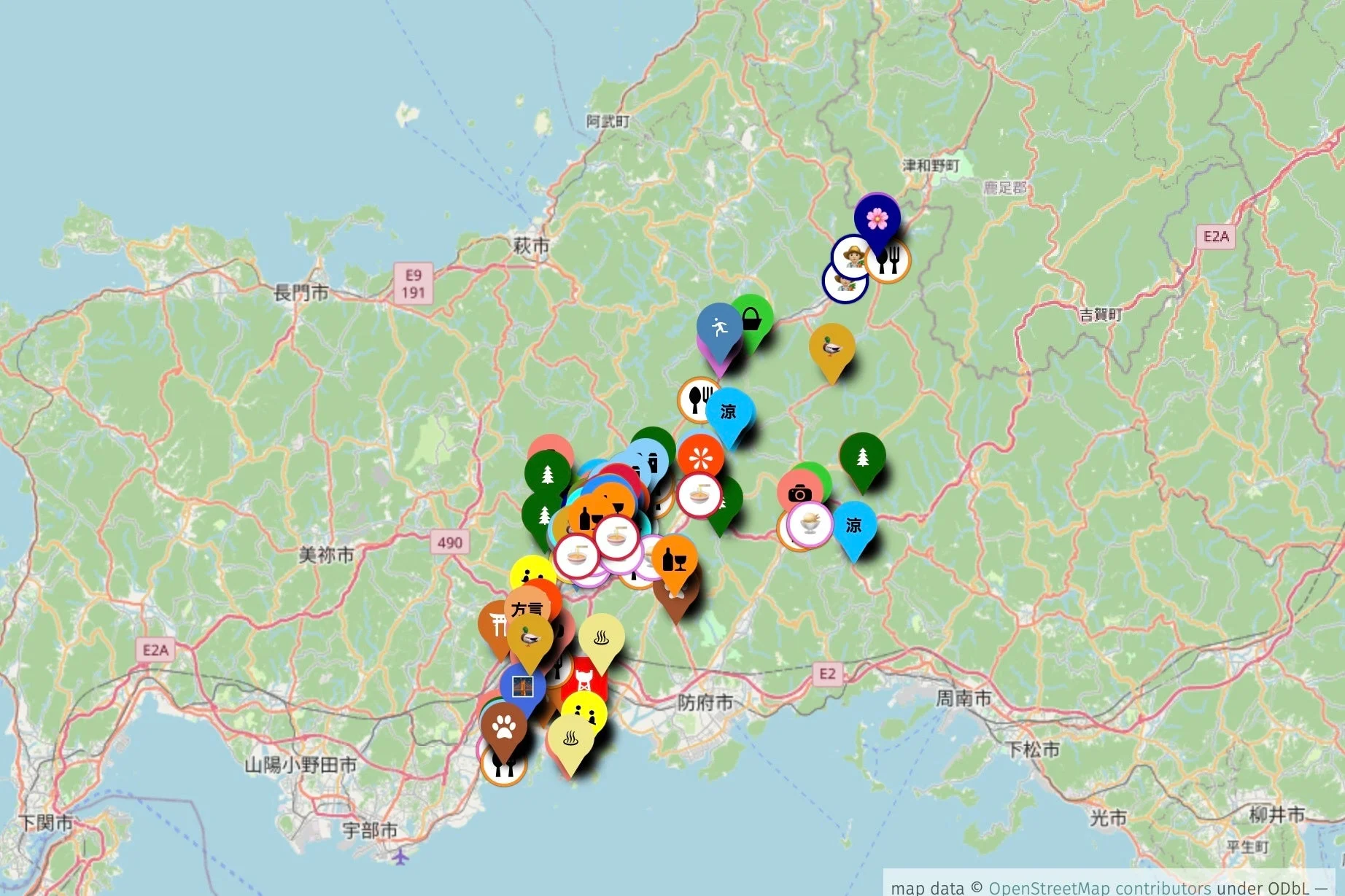 山口県周辺の地図に観光地を示すピンが多数表示された様子