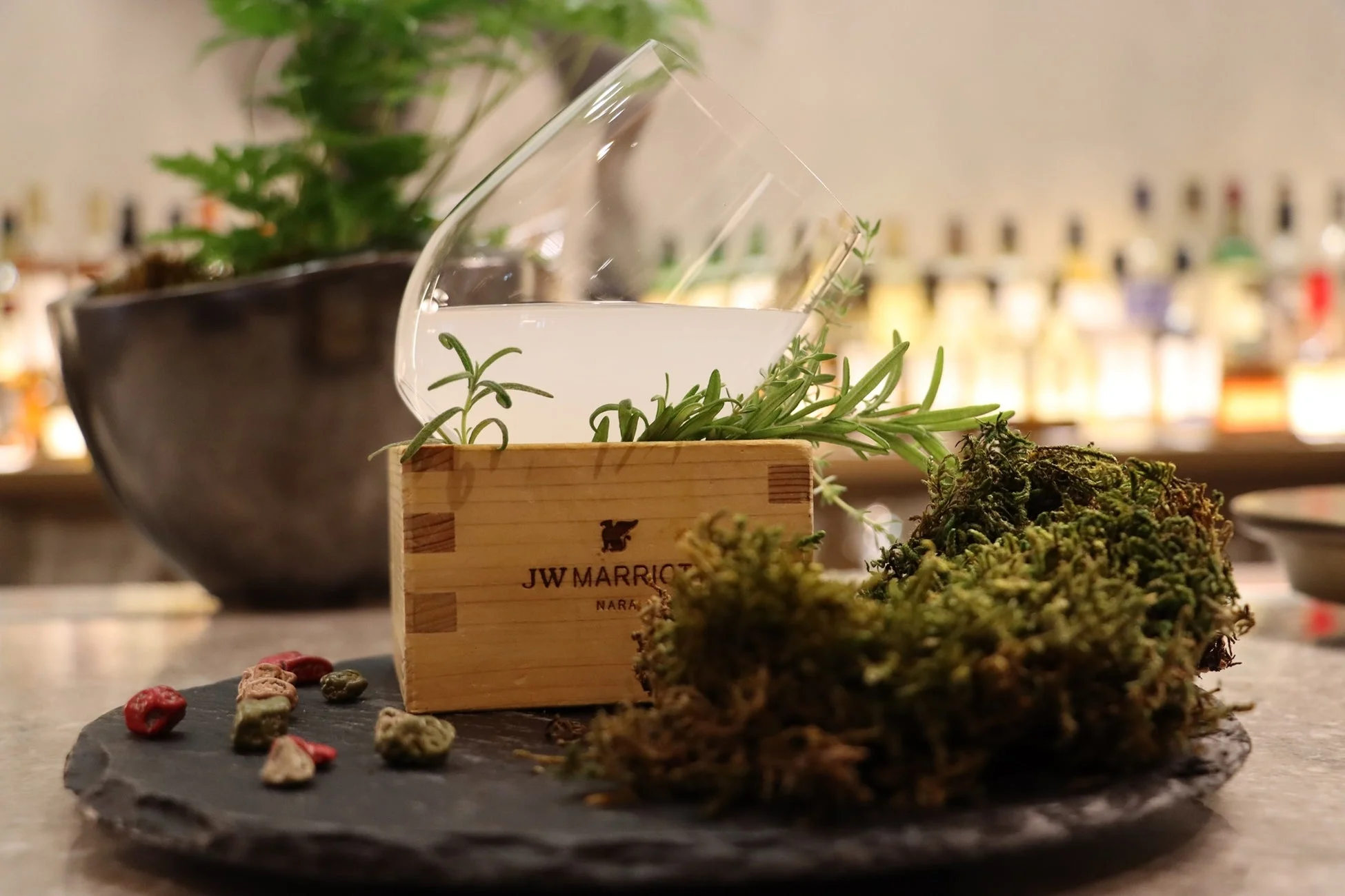 ハーブと苔で飾られたカクテル