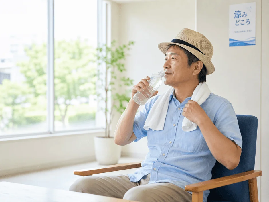 涼しい場所で水分補給をする中高年男性