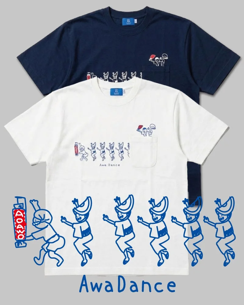 阿波踊りを踊る人々がイラストで描かれた白と紺の2枚のTシャツ