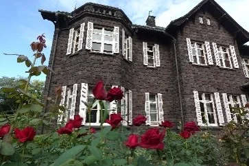 赤いバラと歴史ある洋館