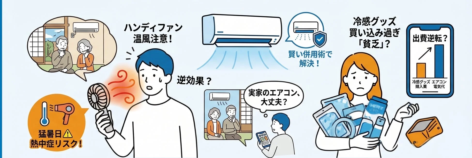 夏の暑さ対策の課題と解決策を示唆するイラスト