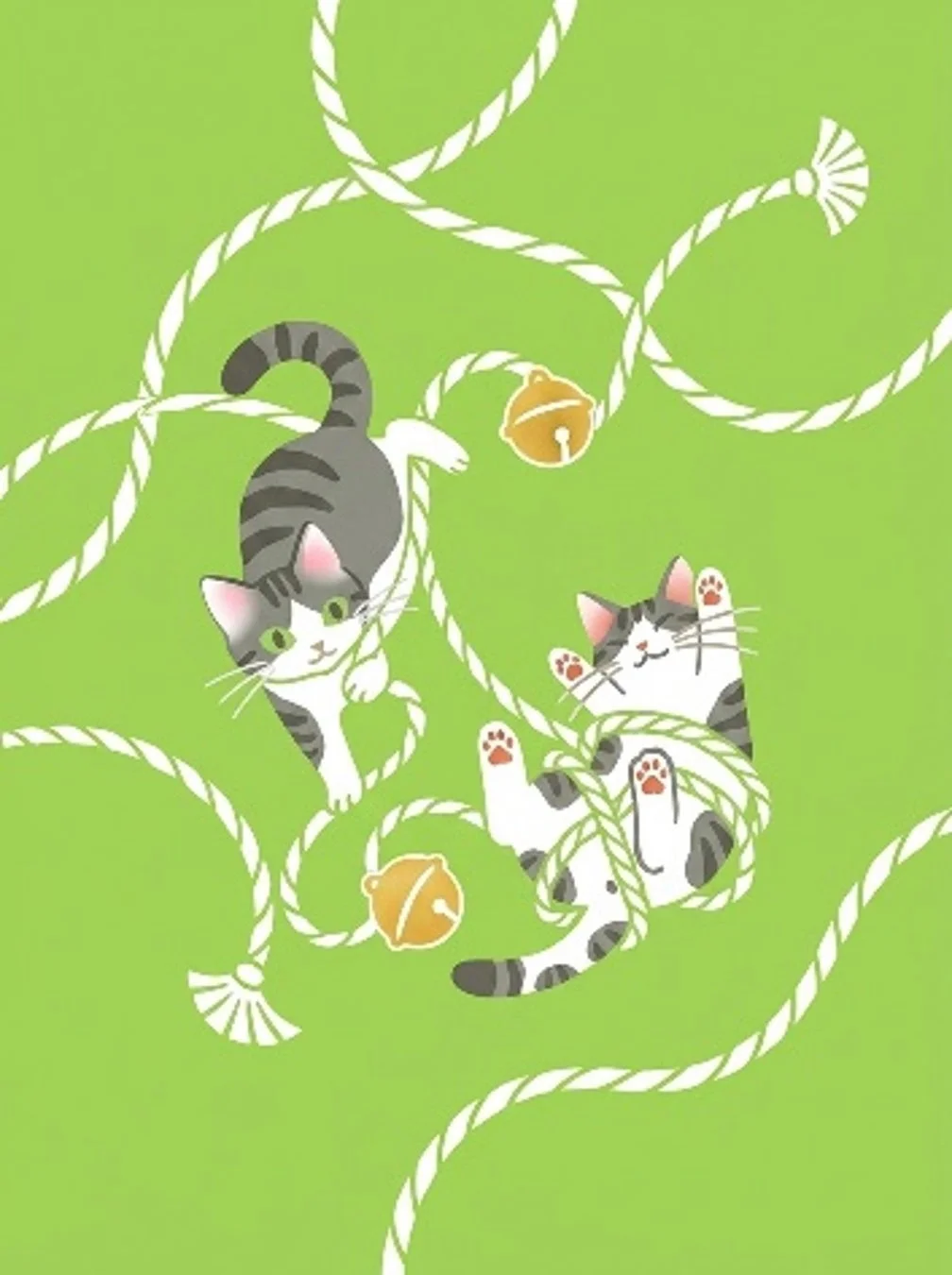 明るい緑色の背景に、2匹の可愛らしい猫がロープと鈴で遊んでいるイラスト