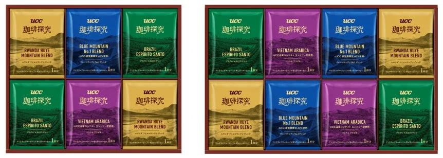 UCC珈琲探究シリーズのドリップコーヒーが複数種類詰め合わせられたギフトセットが2箱
