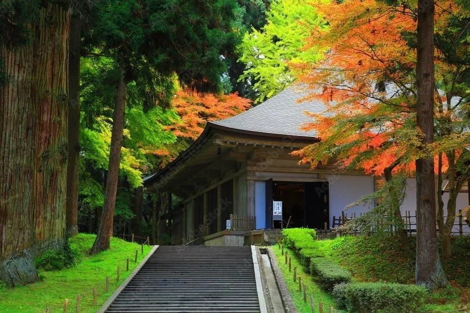 紅葉に囲まれた日本の伝統的な寺院