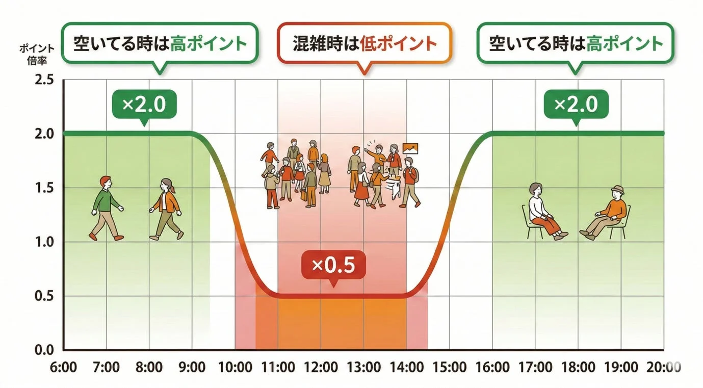 時間帯によってポイント倍率が変動するシステムを示すグラフ