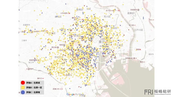 東京および周辺地域における売出価格8,000万円以上のマンション在庫推移マップ