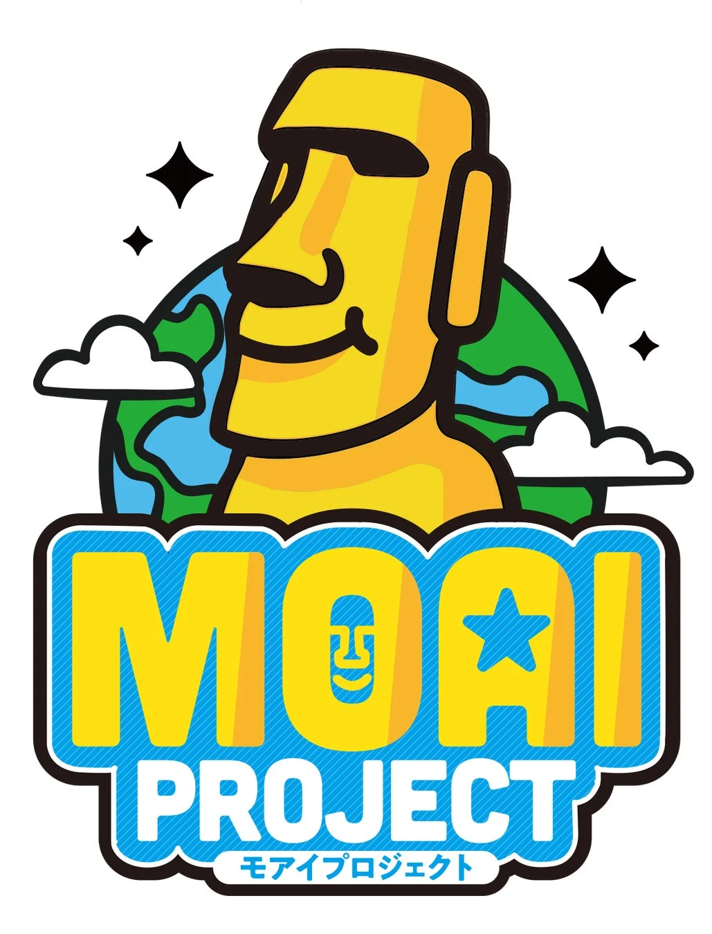 地球を背景にモアイ像のキャラクターが描かれ、「MOAI PROJECT」と書かれたポップなロゴマーク