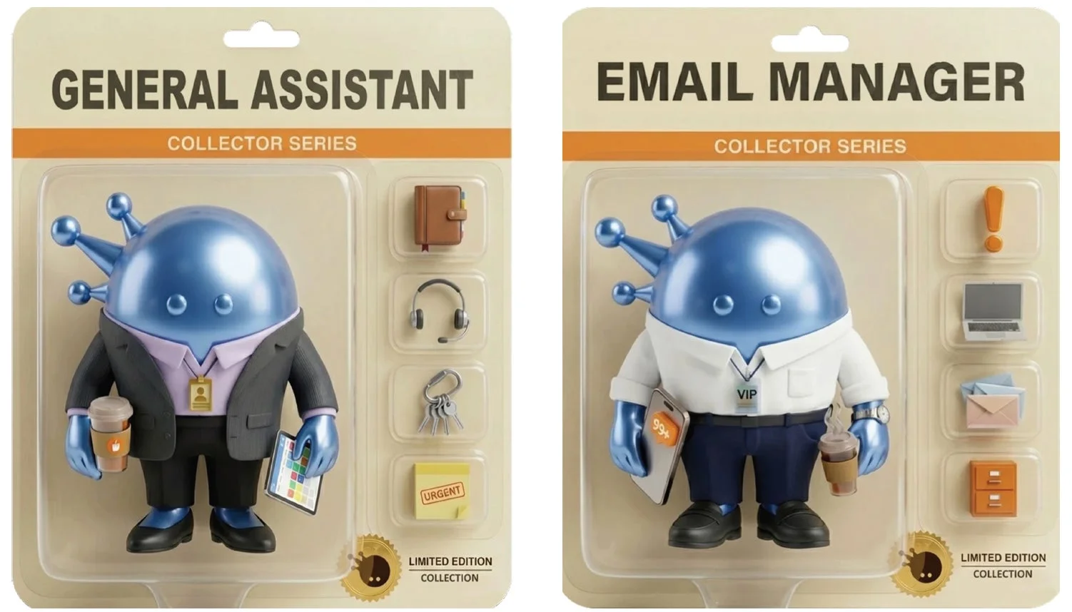 オフィスワークをテーマにした限定版コレクターズフィギュア。青いエイリアン風のキャラクターが「GENERAL ASSISTANT」と「EMAIL MANAGER」に扮している