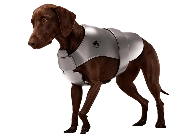 犬が銀色の特殊なベストを着用して立っている様子