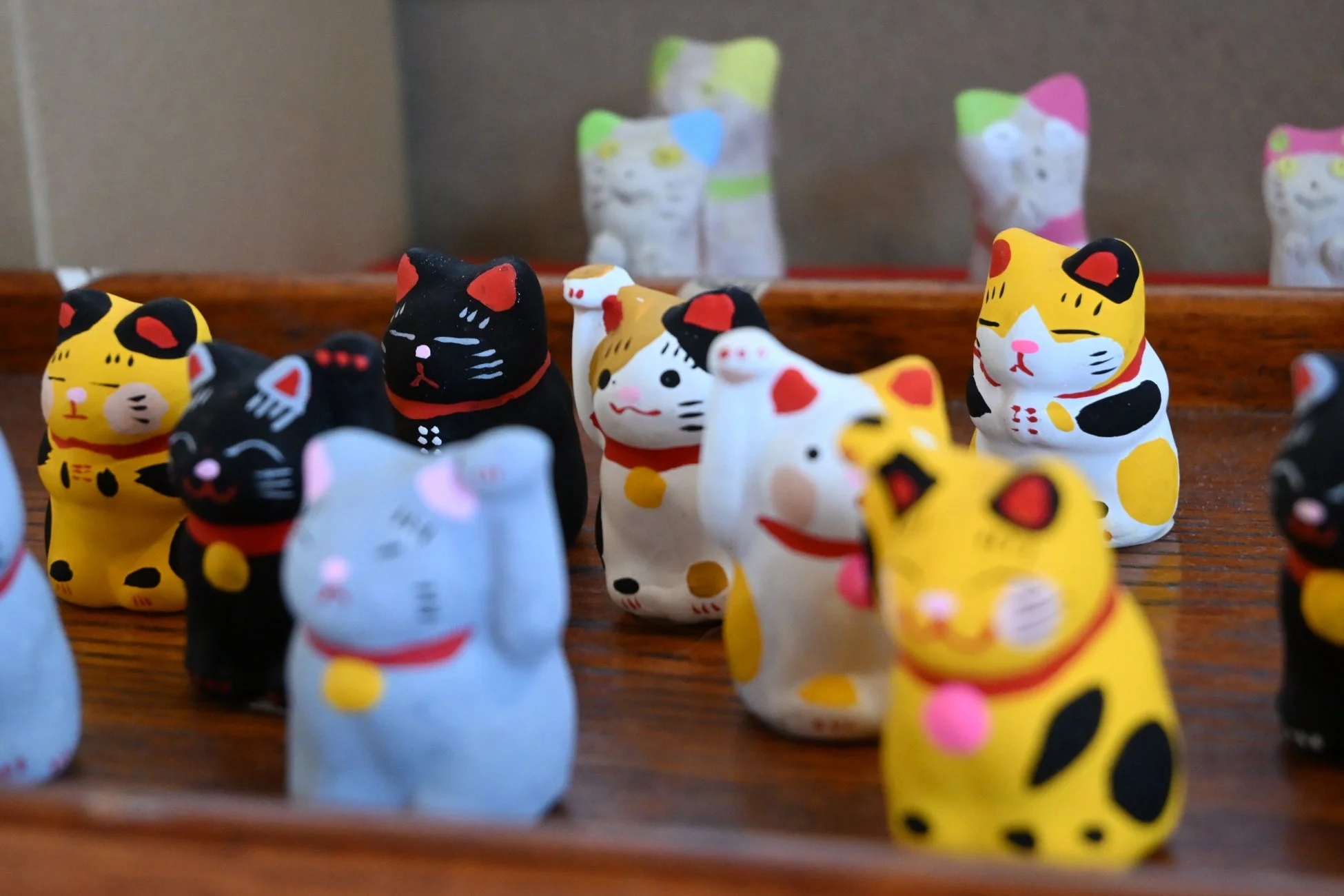 木製の棚に並べられた、カラフルで可愛らしい招き猫の置物