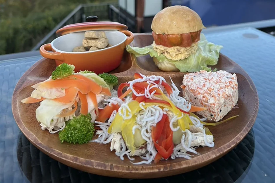 屋外で提供された、木製プレートに盛り付けられたヘルシーなランチプレートです。ミニバーガー、しらすとパプリカのサラダ、チキンとブロッコリーのサラダ、可愛らしい小鉢の料理が含まれており、彩り豊かでバランスの取れた食事が楽しめます。