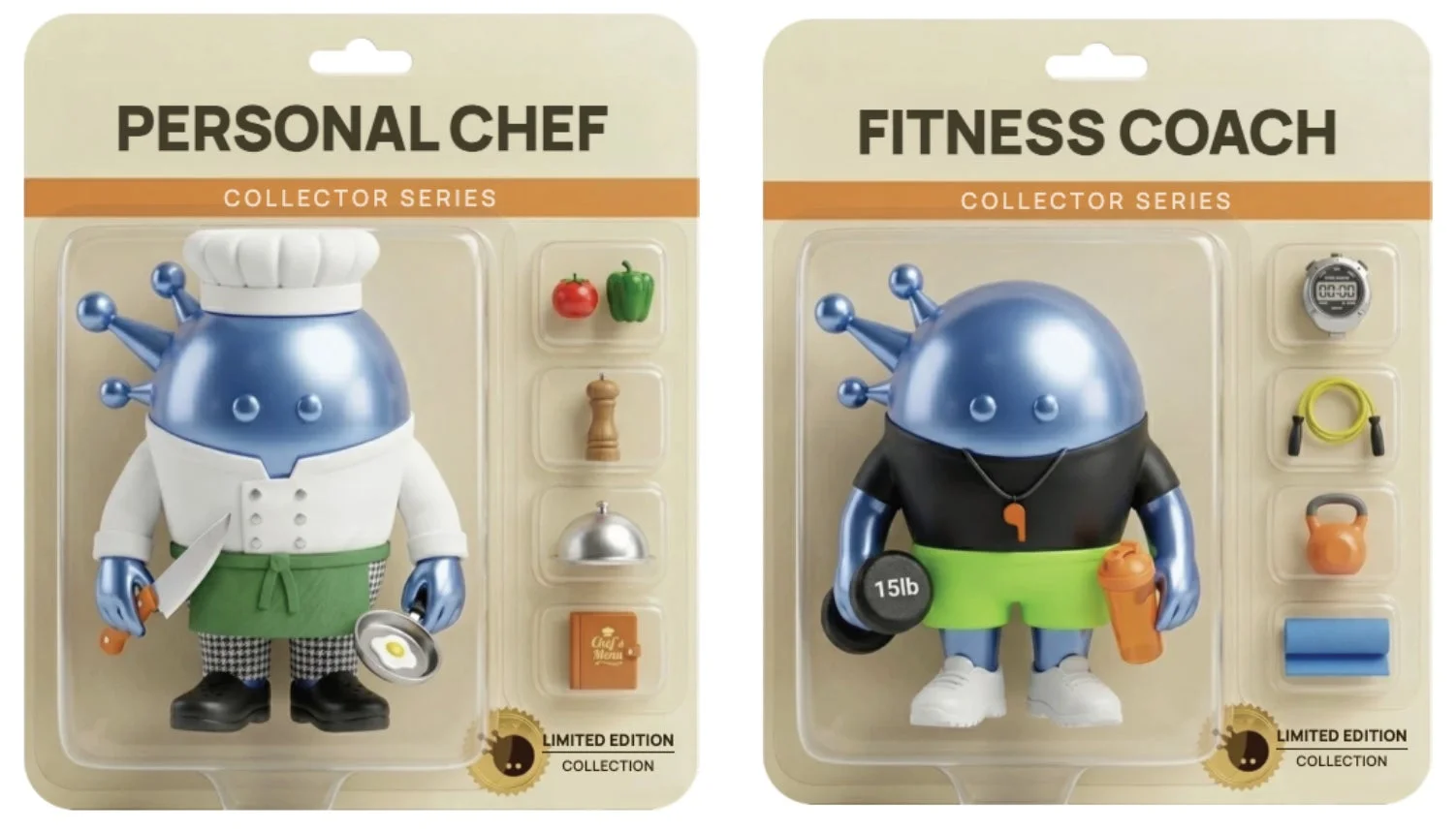 ウイルスのような青いキャラクターがシェフとフィットネスコーチに扮した限定版コレクターズフィギュア