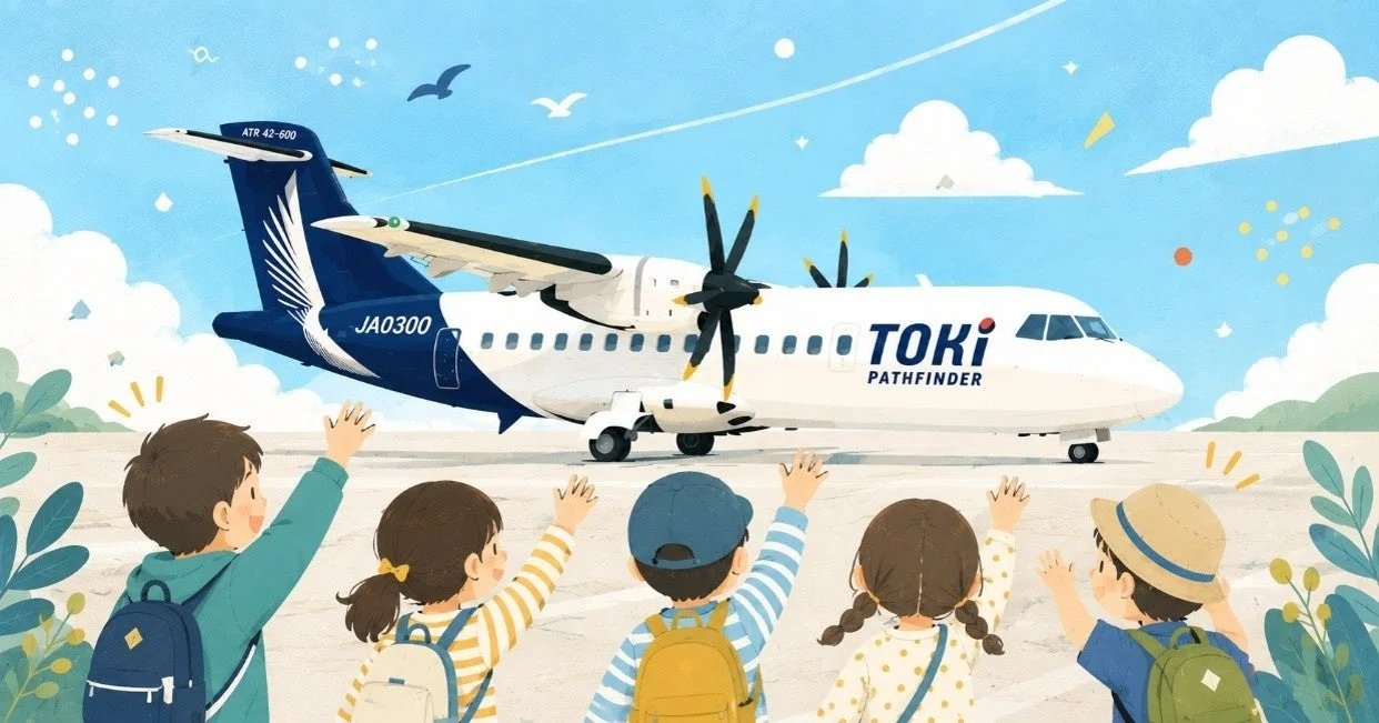 青い空の下、空港でプロペラ機「TOKI PATHFINDER」を見送る子供たちのイラスト