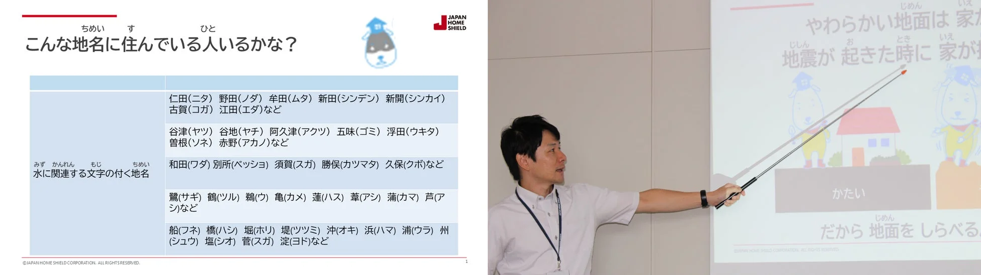 男性が地名と地盤のスライドで講演