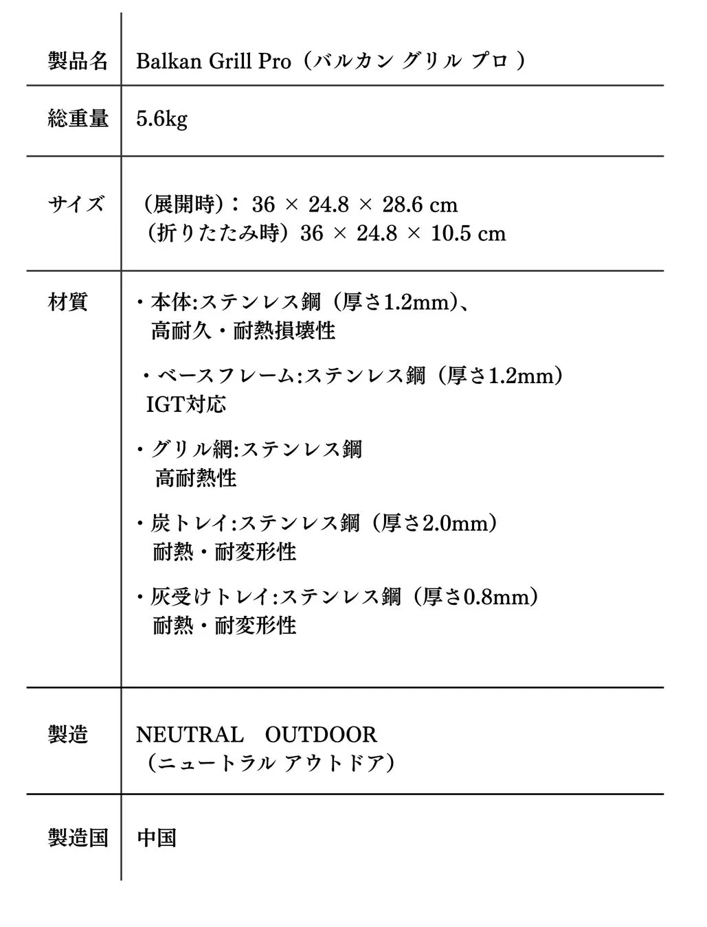 バルカン グリル プロの製品仕様