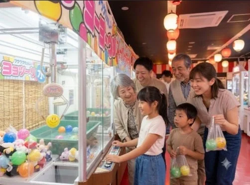 家族でクレーンゲームを楽しむ様子