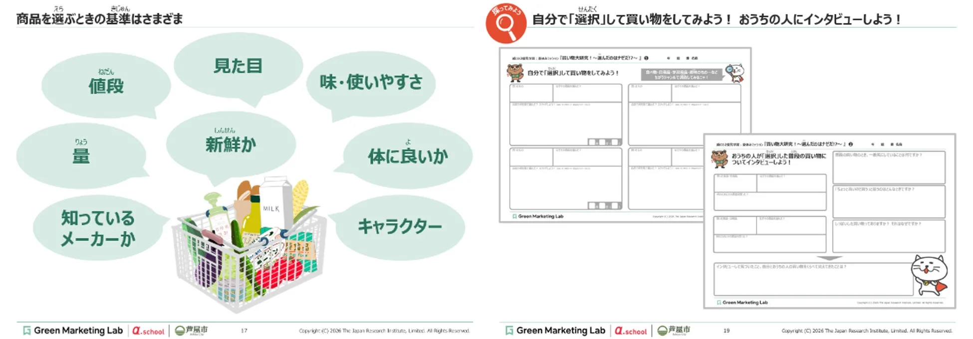 商品選択の基準や家族へのインタビューを促すワークシート
