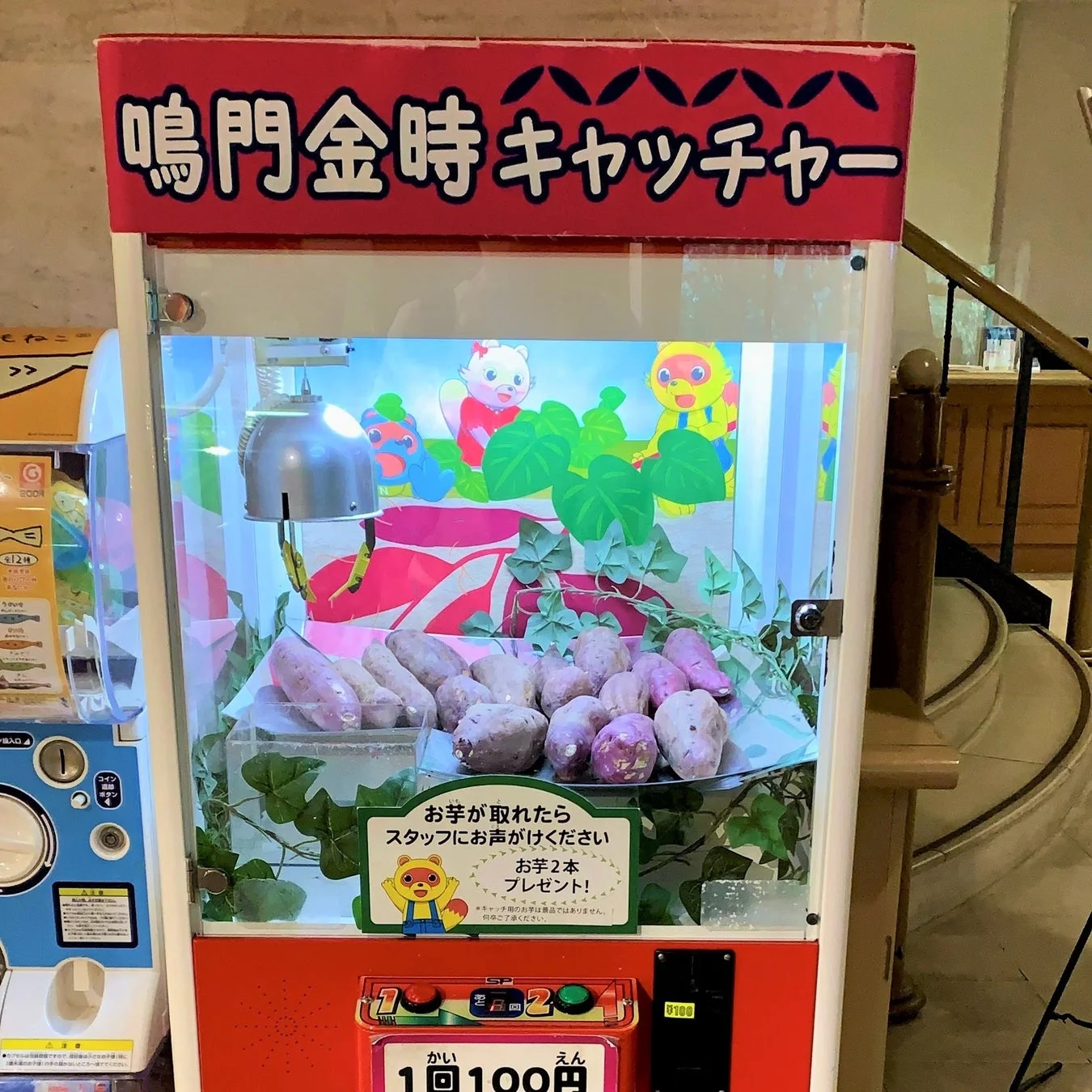 鳴門金時が景品のクレーンゲームが写っている