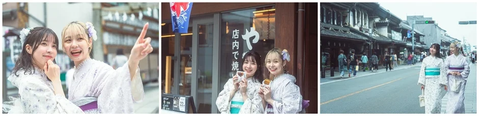 浴衣を着て日本の伝統的な町並みを散策し、食べ歩きを楽しむ女性たち