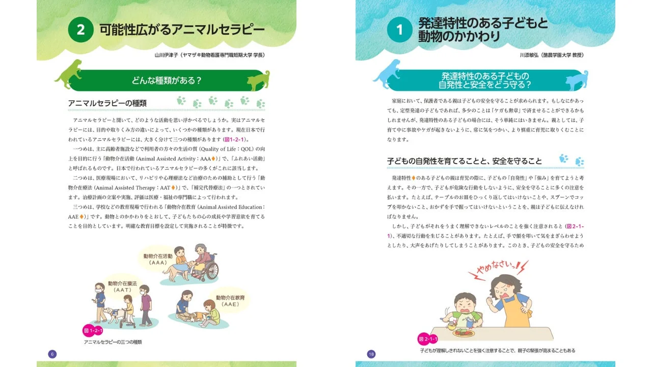 アニマルセラピーの3つの種類と発達特性のある子どもとの関わり方について解説している書籍のページ