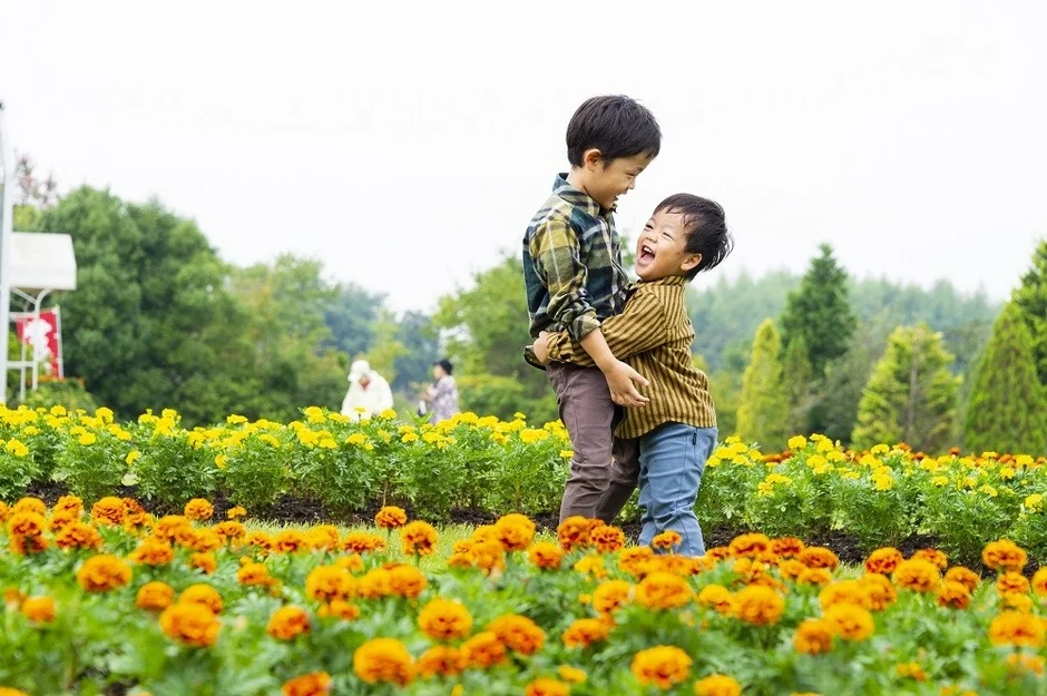 花畑で遊ぶ子供たちの写真