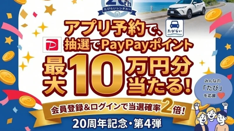 たびらいレンタカー20周年記念！アプリ予約で最大10万円分のPayPayポイントが当たるチャンス到来！