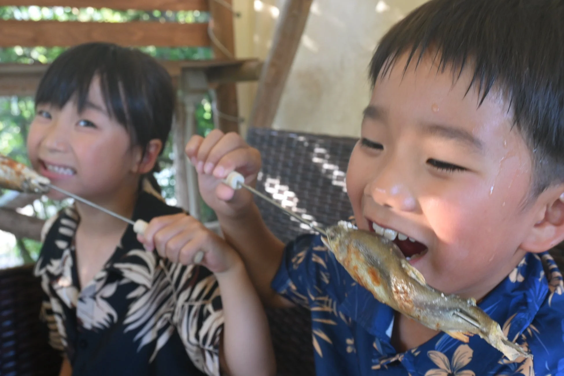 子供が鮎の塩焼きを串ごと食べている様子