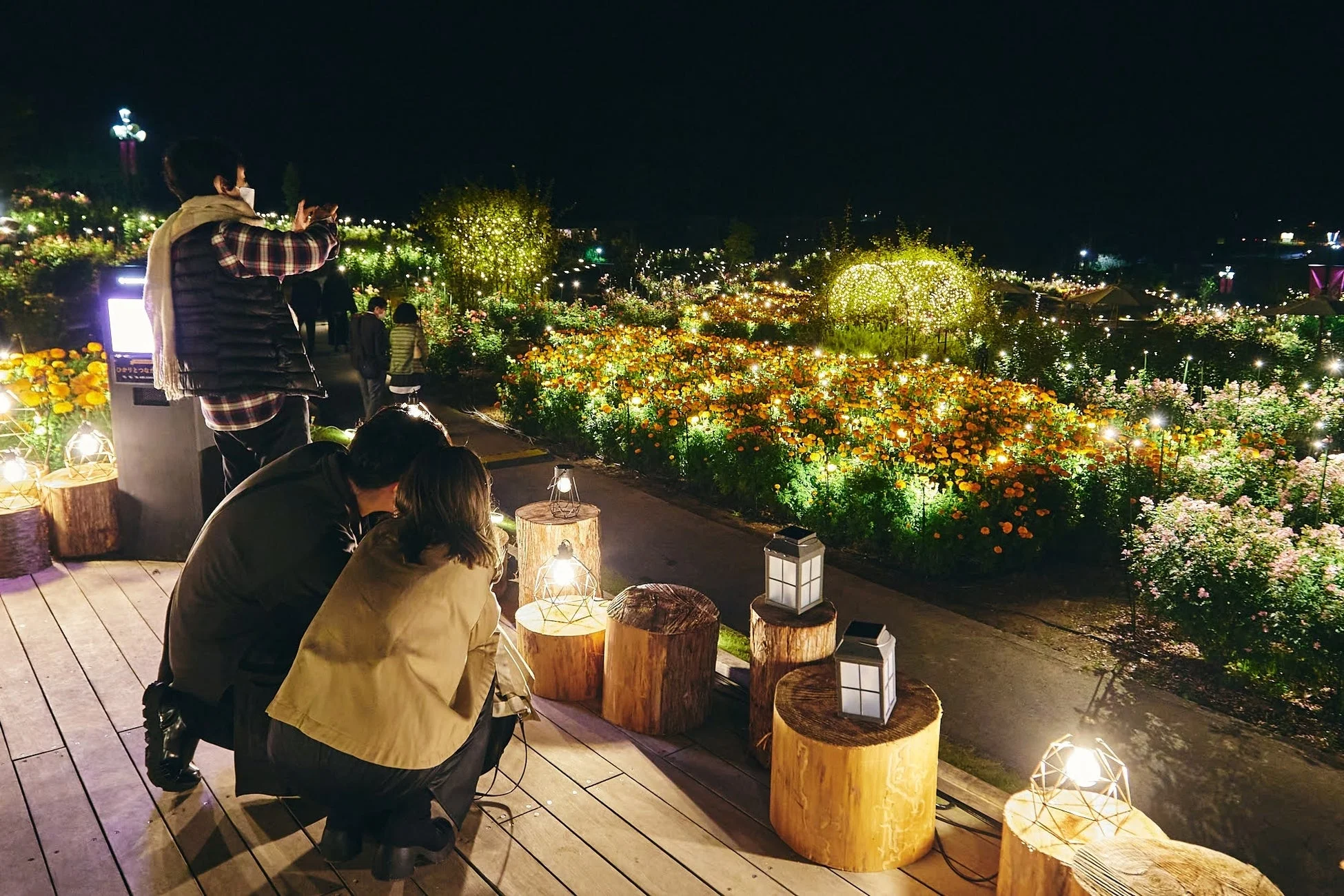 ライトアップされた花畑を楽しむ人々