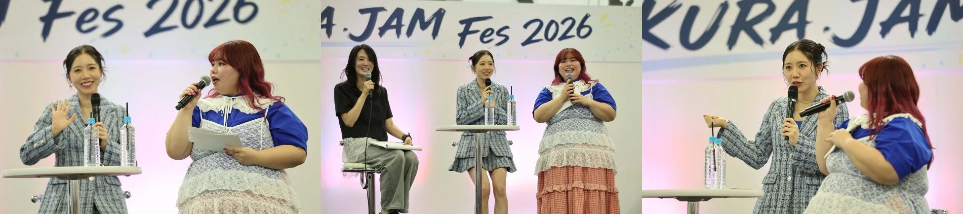 JAM Fes 2026のイベントステージで、複数の女性がマイクを手に笑顔でトークショーやプレゼンテーションを行っています。