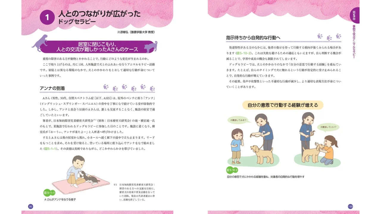 ドッグセラピーによる自閉スペクトラム症の行動変容事例を紹介する書籍のページ