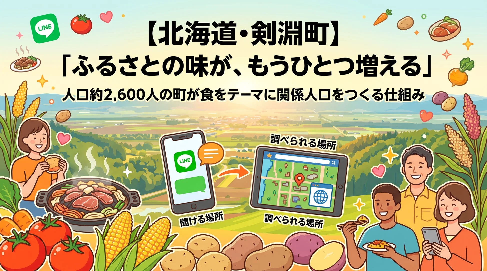 北海道剣淵町が「食」をテーマに関係人口を創出する取り組みを紹介するイラスト。LINEや地図アプリを活用して地域の情報を得て、豊かな食材やジンギスカンなどの料理を楽しむ人々の様子。