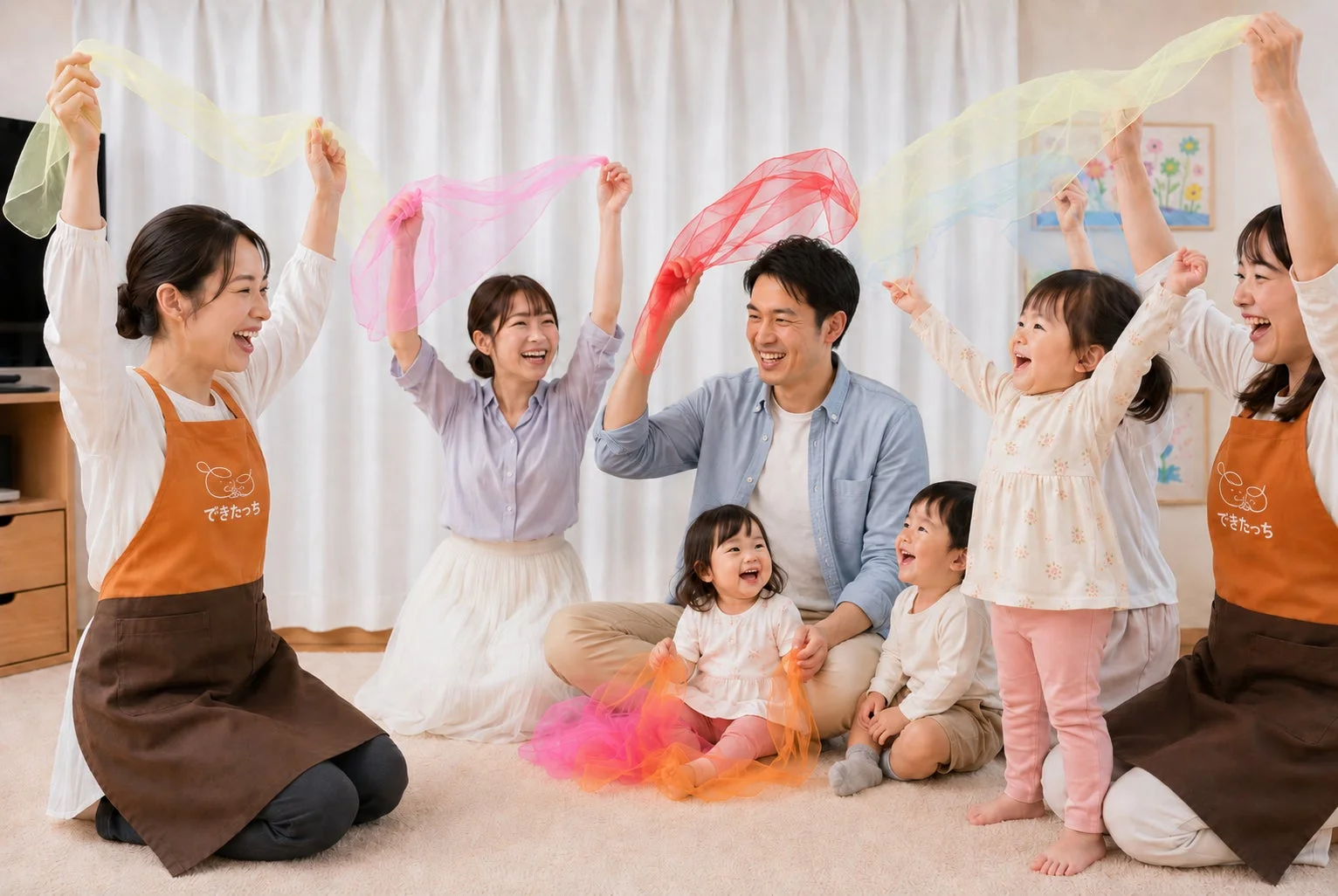 親子が布で楽しそうに遊んでいる