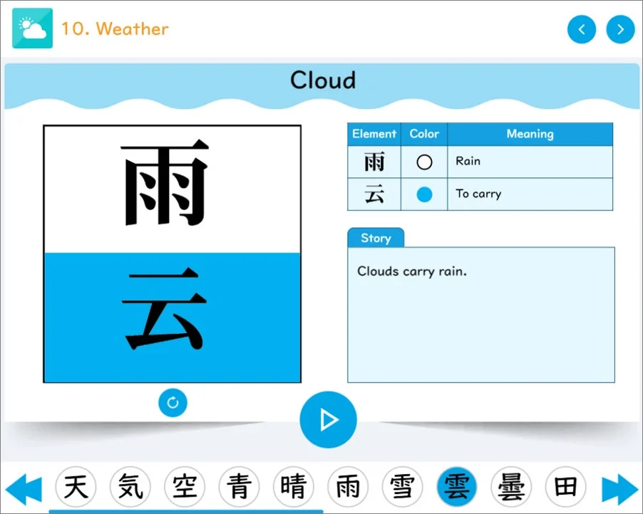 雲の漢字学習画面、雨と云の組み合わせ