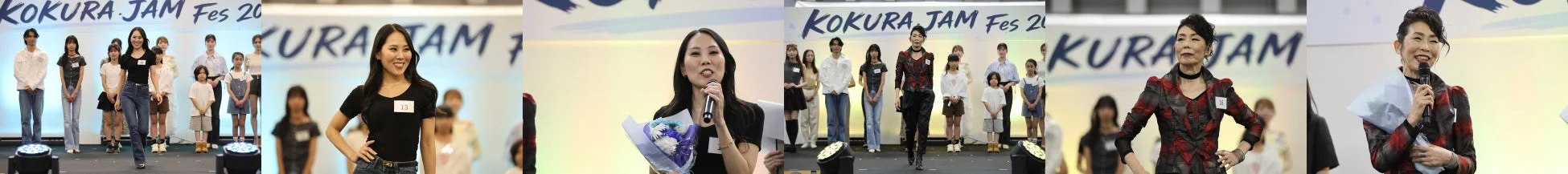 KOKURA JAM Festのイベント会場で、様々な年代のモデルがステージを歩いたり、マイクを持って話したり、花束を受け取ったりしている様子です。